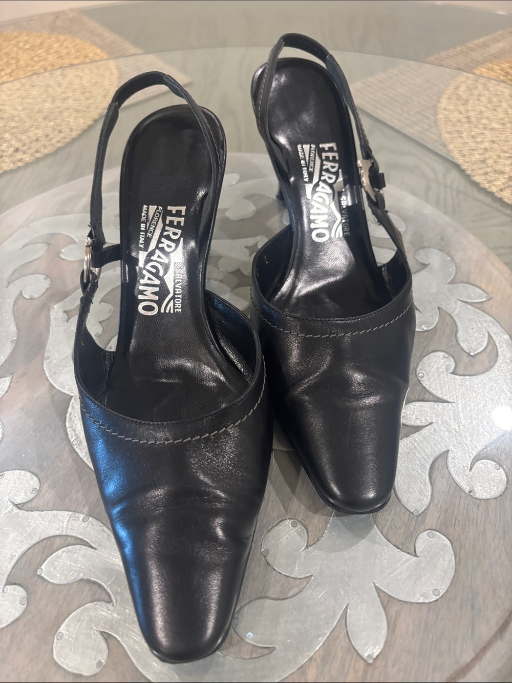 Salvatore Ferragamo Black Leather Pointed Slingback Heels - Picture 13 of 14